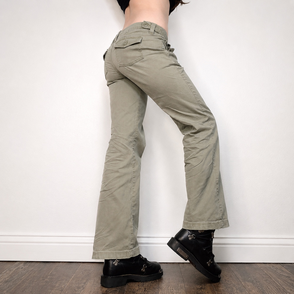 Y2K Khaki Low Rise Bootcut Pants Cargo Pocket Neutral Grunge 2000s Size 2